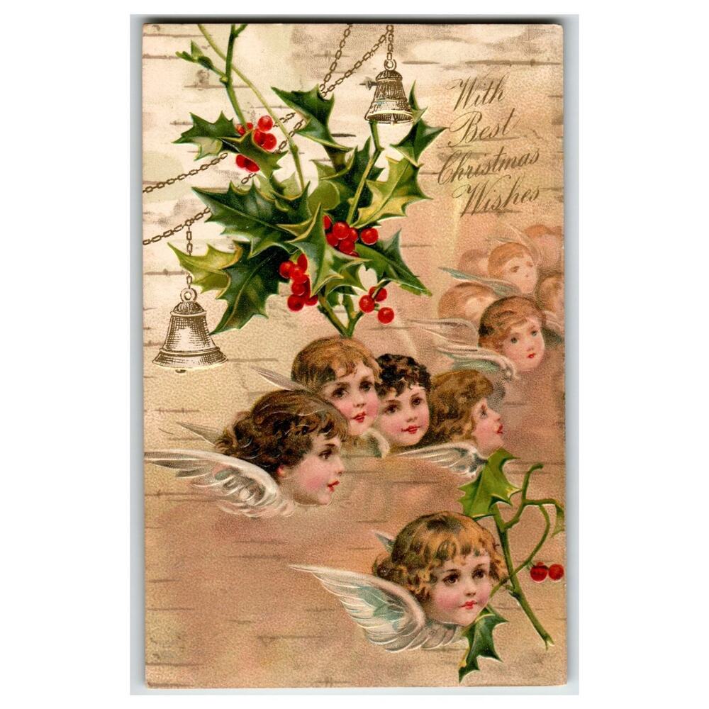 Victorian Christmas Angels Holly Bells Postcard 1908 Canton OH Posted